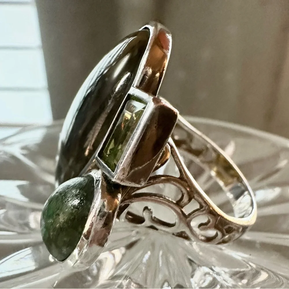 Elegant Labradorite, Peridot, Green Turquoise 925 Silver Cocktail Artisan Ring - Picture 5 of 15